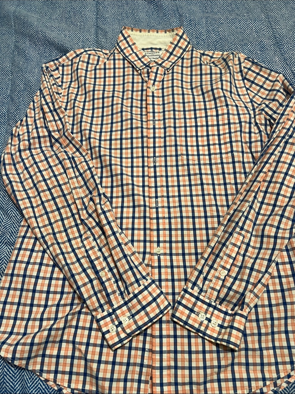 Express Men's Orange and Blue Plaid Dress Shirt